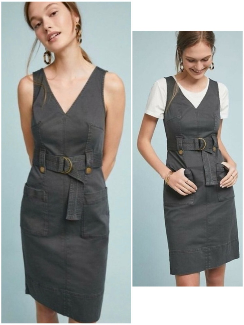 Anthropologie Maeve Oona Gray Cotton Sleeveless Midi Belt Pockets Utility Dress